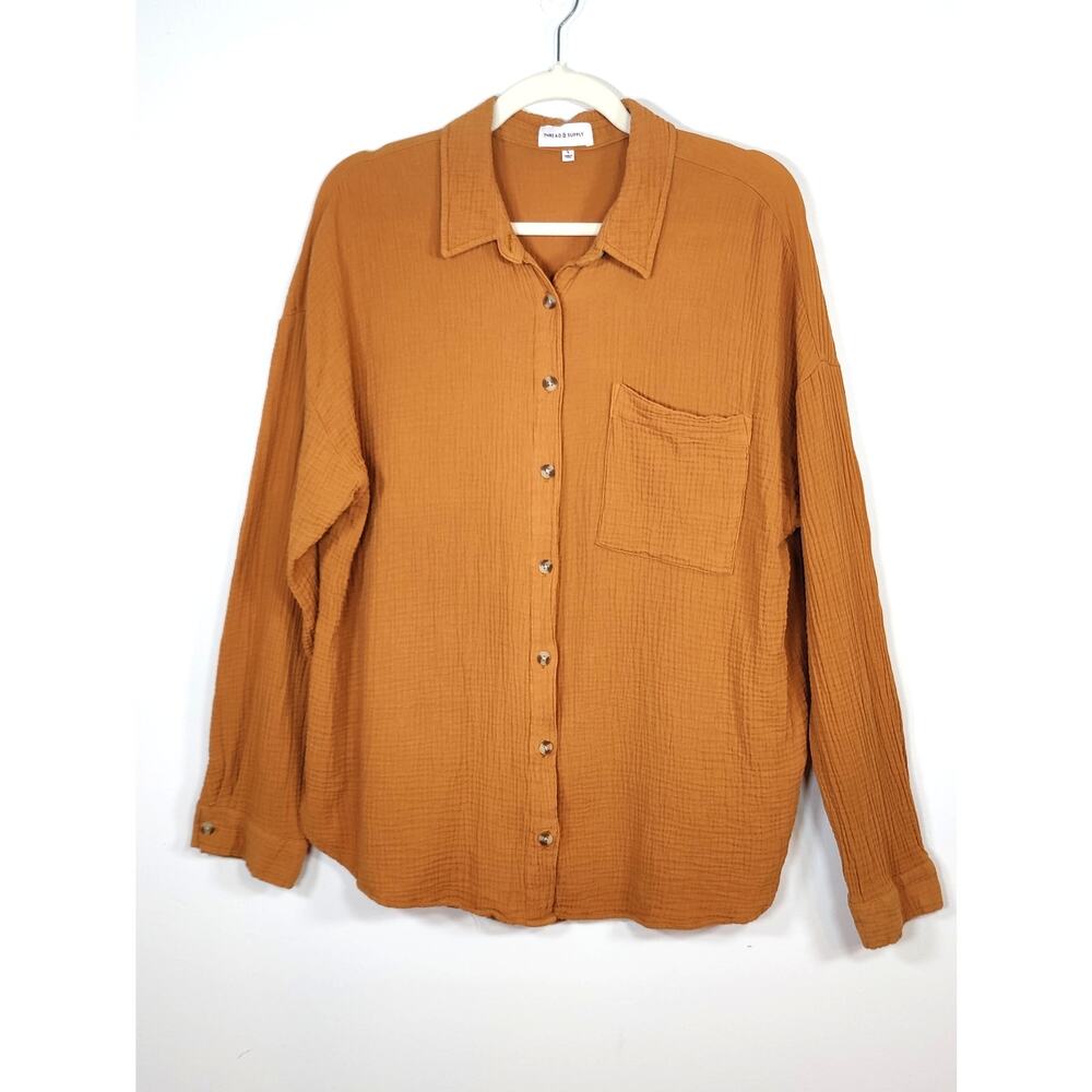 Thread & Supply Cotton Gauze Button Up Shirt Pecan Brown Oversized L‎